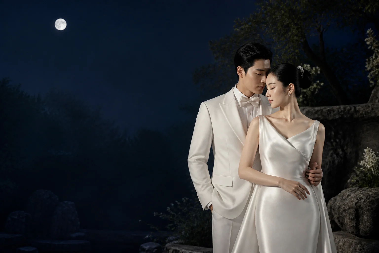 Editorial wedding portrait at blue hour