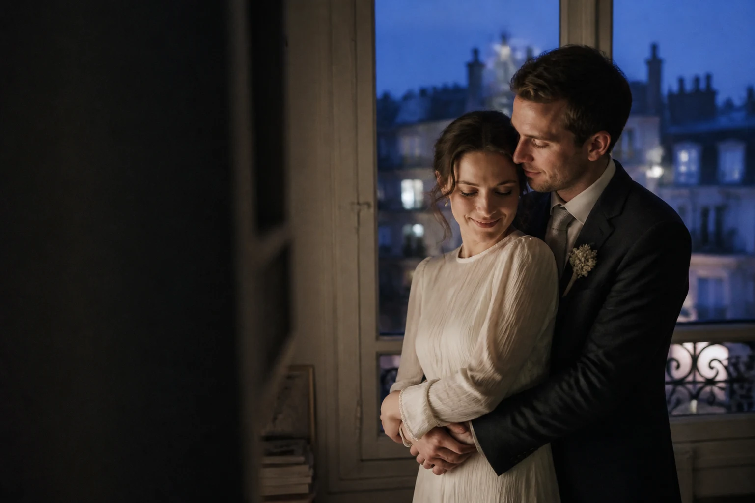 Editorial wedding portrait at blue hour