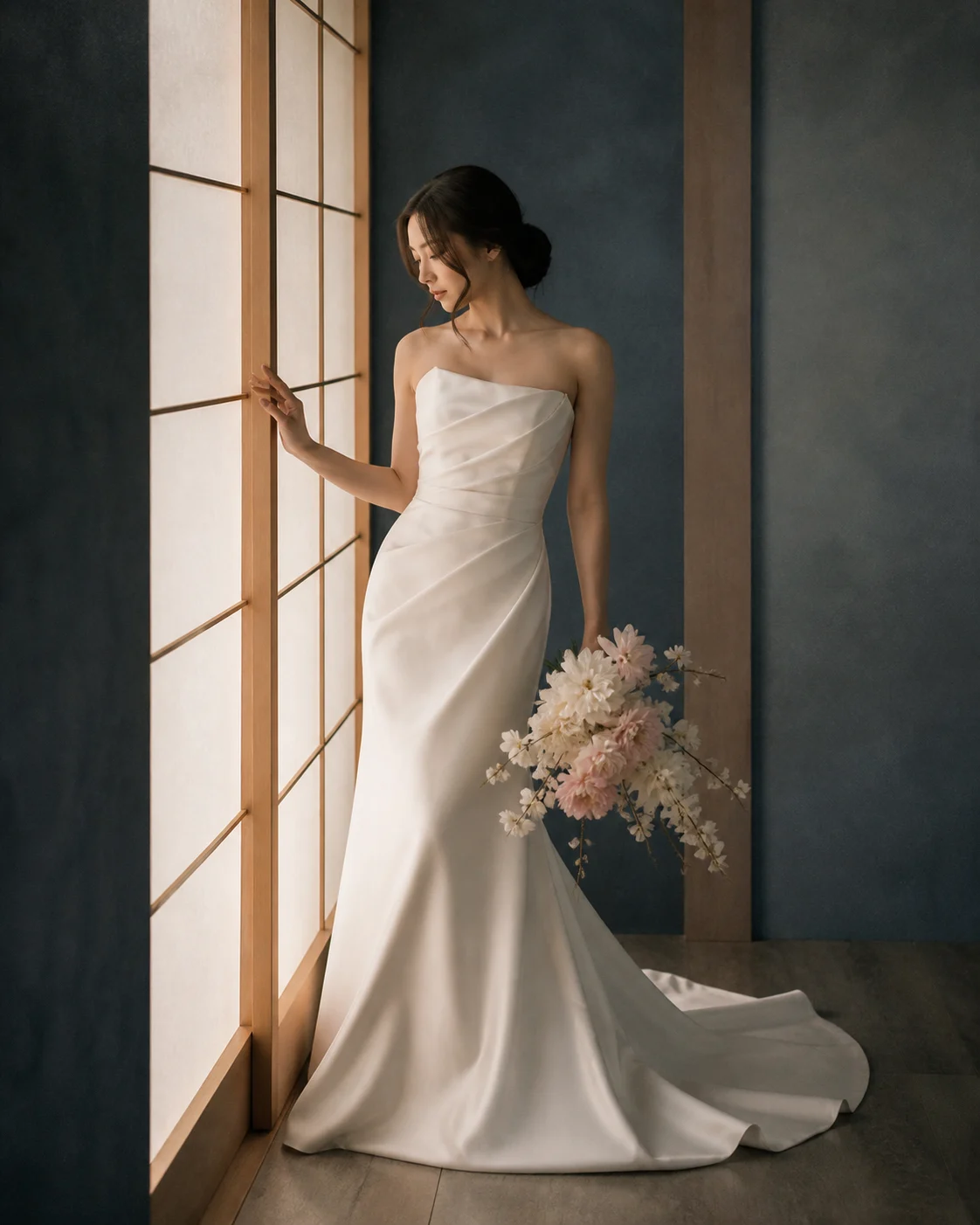 Editorial portrait beside a paper-screen window